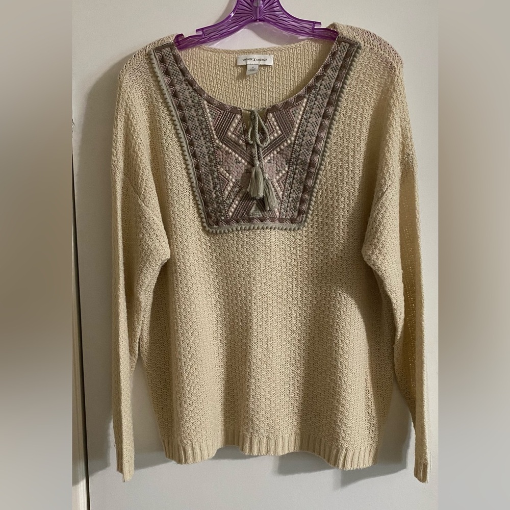 Vintage America Beige Sweater with Patterned Neckline with tie strings tassels - Picture 1 of 8